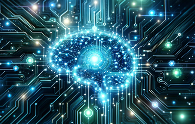 Lysande streck skapar en form som ska föreställa artificiell intelligens som en människo-hjärna
