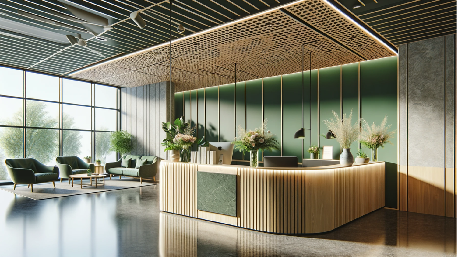 En AI-genererad bild som föreställer en kontorsreception i träpanel med växter på. Rummet har gröna väggar och stora fönster.
