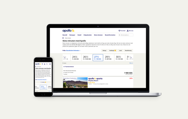 En laptop och smartphone som visar Apollos hemsida.