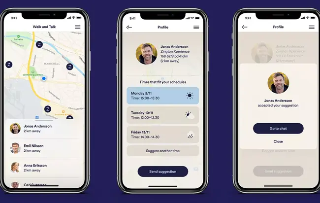 Tre olika vyer från en mobilapp som ser ut att heta Walk and Talk.