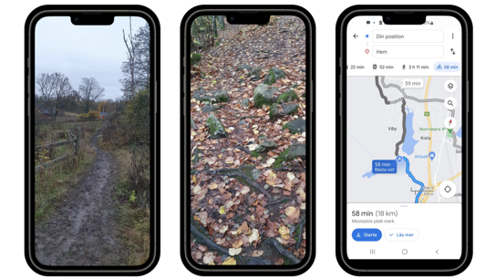 Bild på tre mobilskärmar som visar olika nivå erav inzoomning med utgångspunkt en Googlekarta.