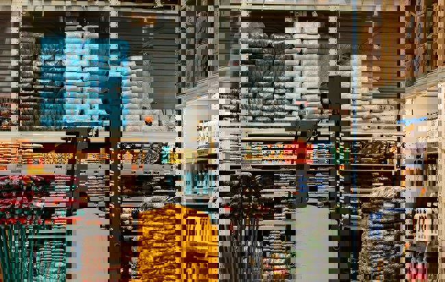 Ett stort lagrings utrymme fullt med varor och prylar.
