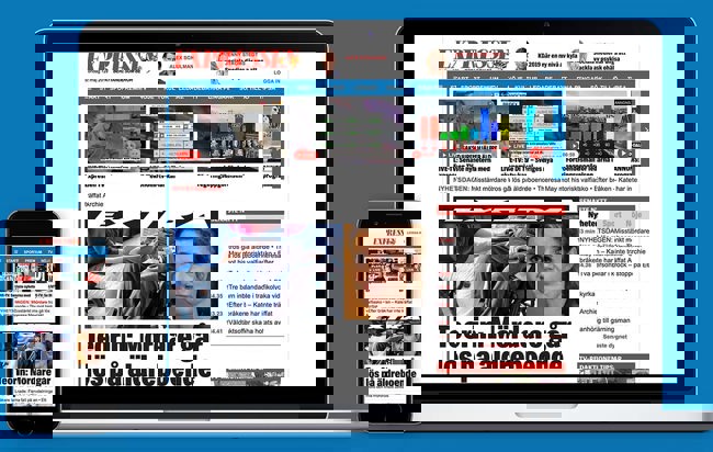 Bild på MacBook med Iphone som har en expressen tidningssida uppe