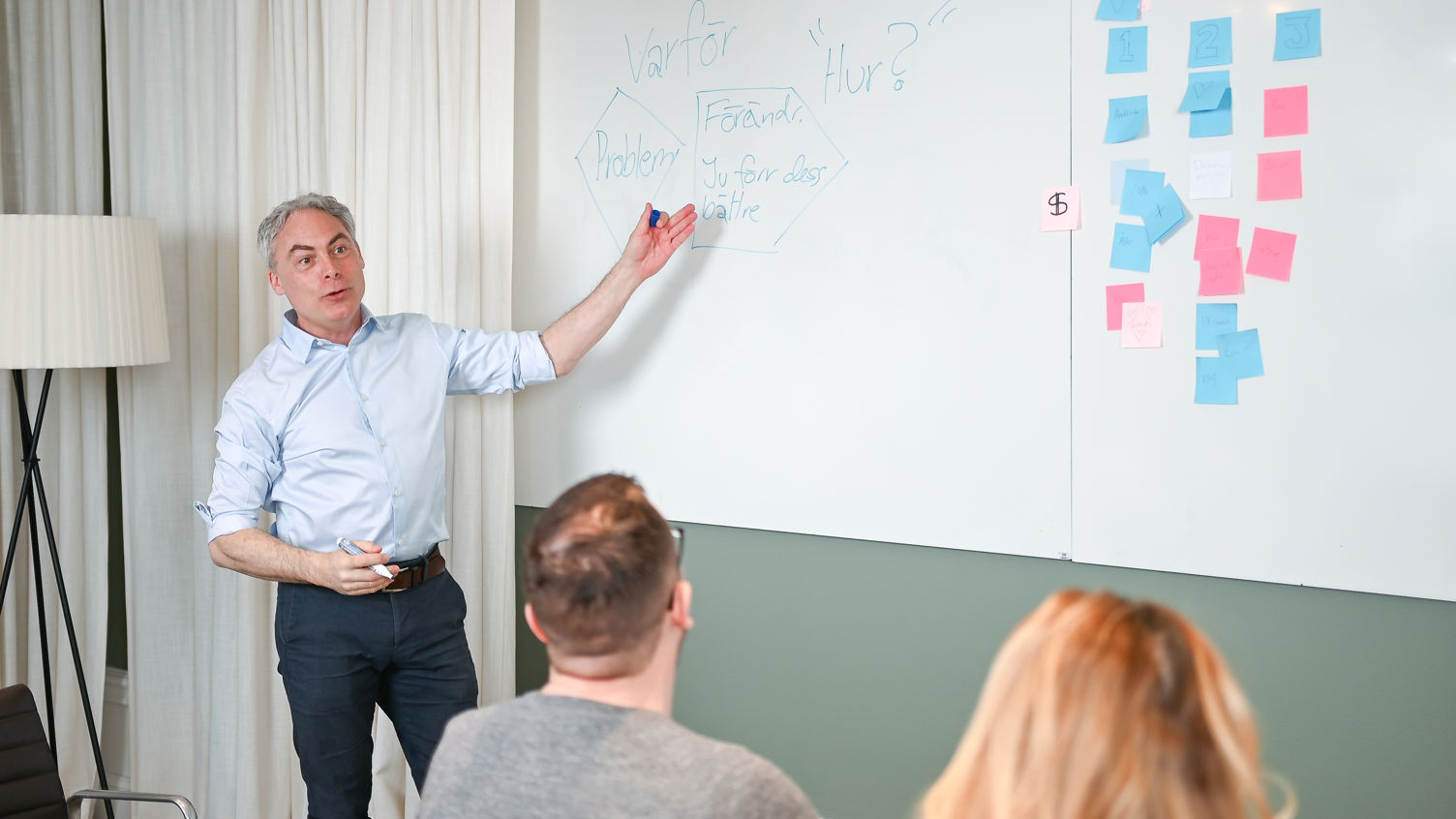 En man står framför en whiteboard och undervisar för några deltagare.