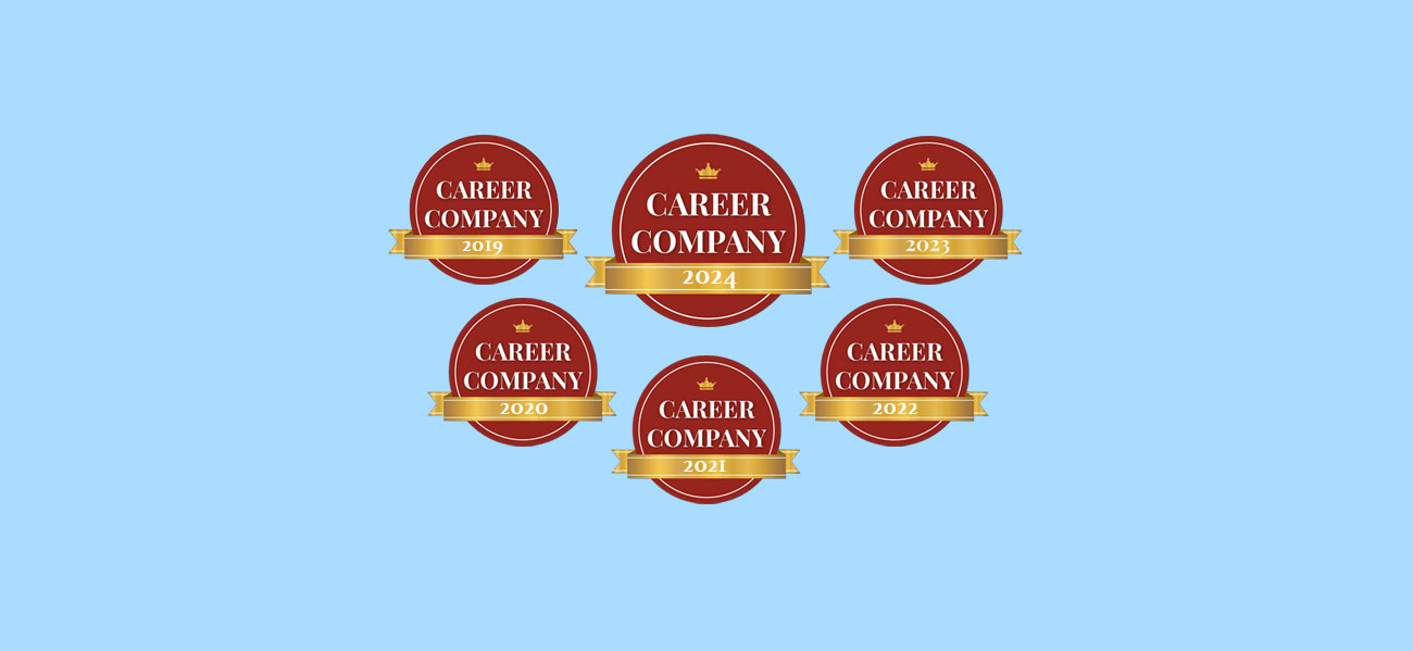 Six Career Company badges on a light blue background.